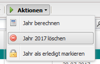 Screenshot der Aktionen zum Abrechnungsjahr. Die Option "Jahr 2017 löschen" ist markiert.
